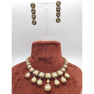 18kt Gold Blue Hand Painting Enamel Necklace With Earring